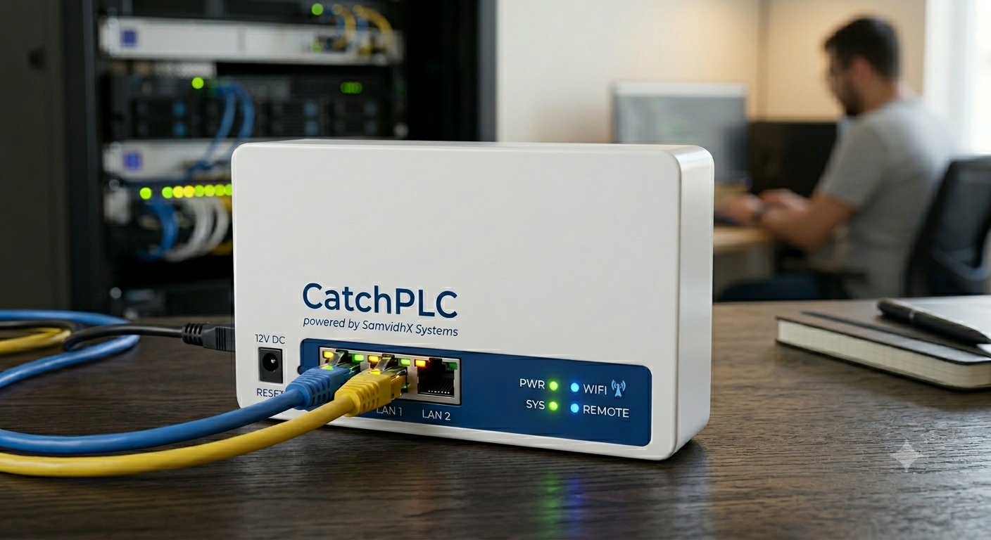 CatchPLC remote access dashboard showing a secure tunnel to an on-site PLC