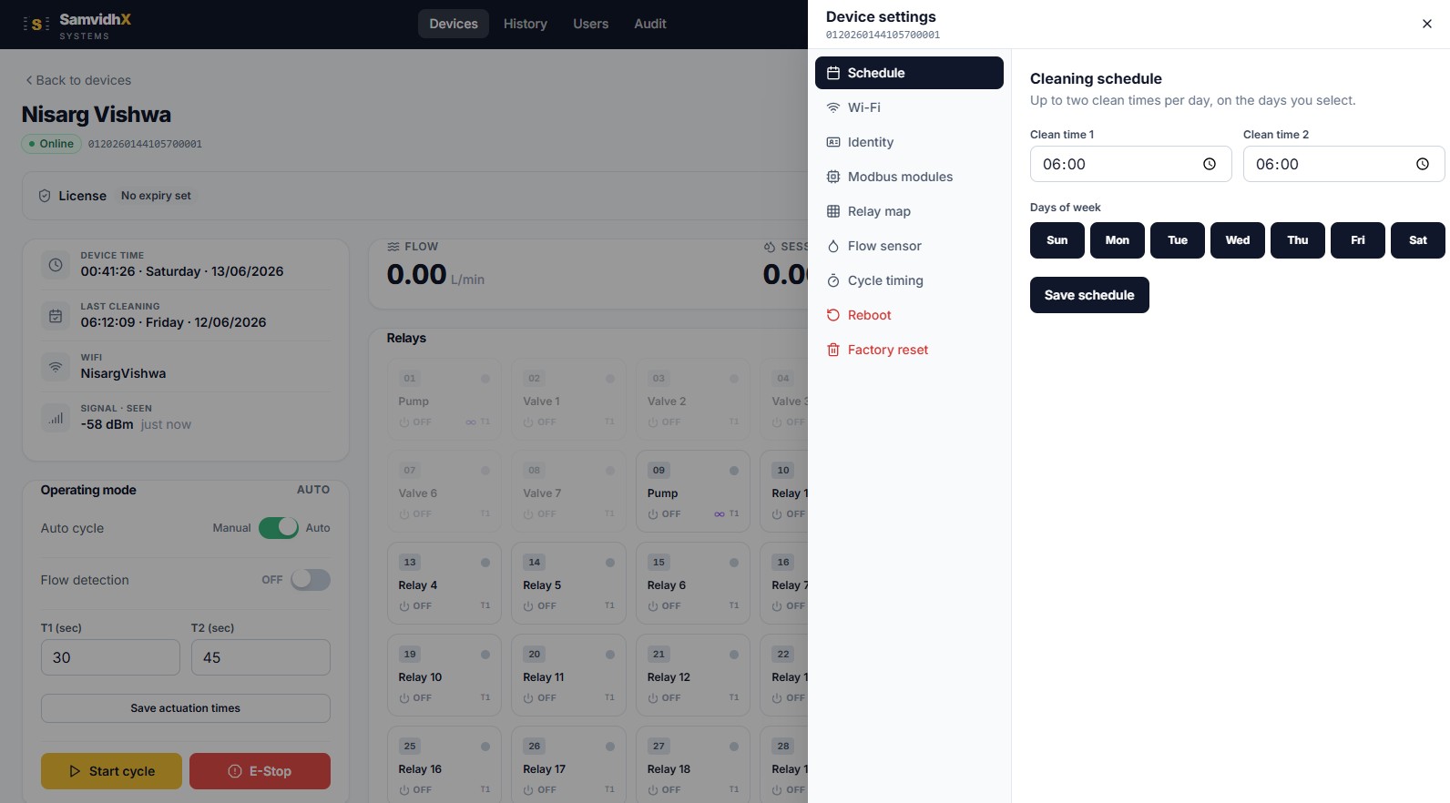 PanelCrystal web dashboard showing live valve groups, motor status, and cleaning schedules
