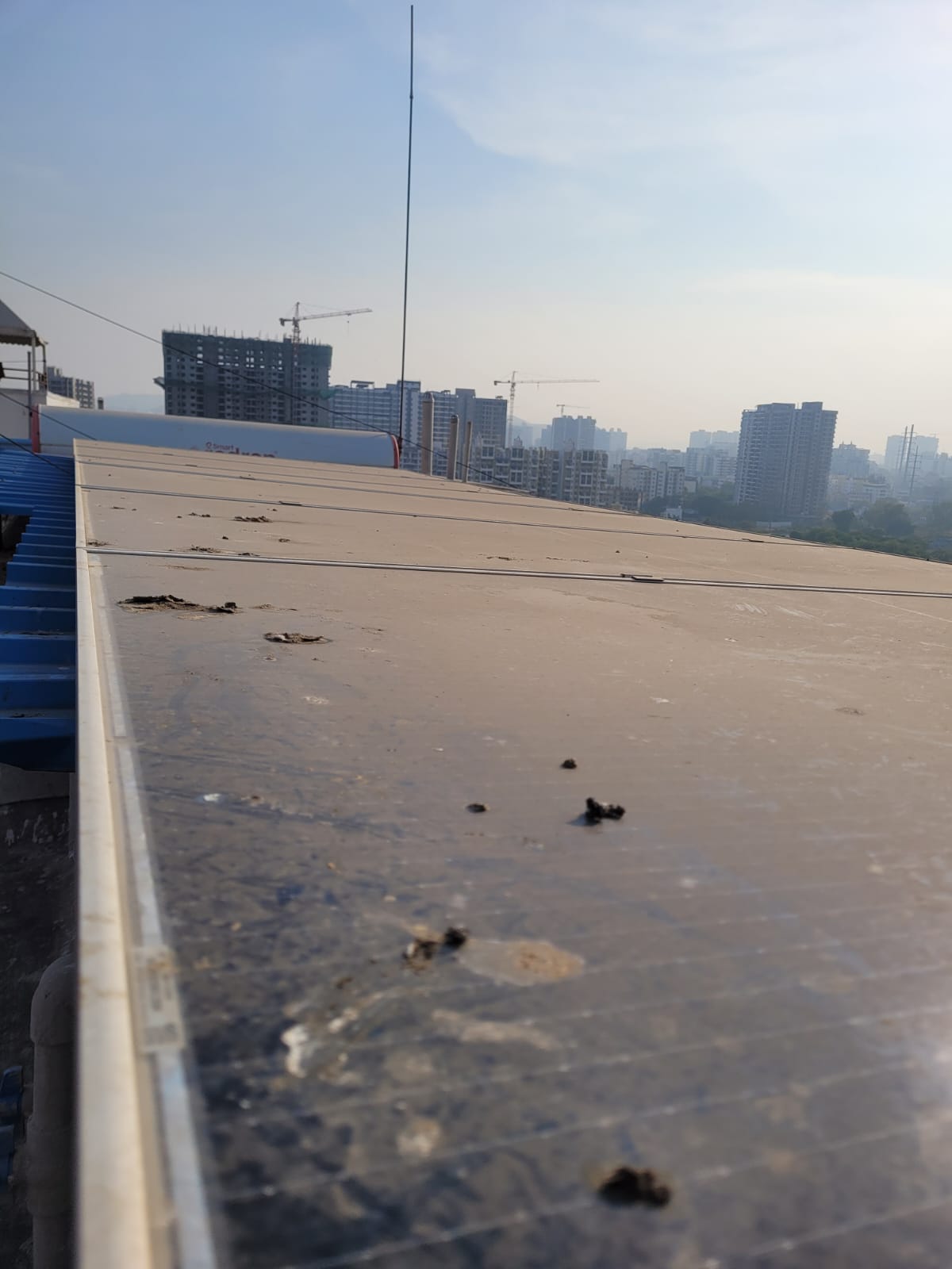 Bird droppings and dust built up on a solar panel array